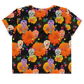 Colorful Sugar Skull Crop Top featuring vibrant skull designs, perfect for festive celebrations or casual wear.