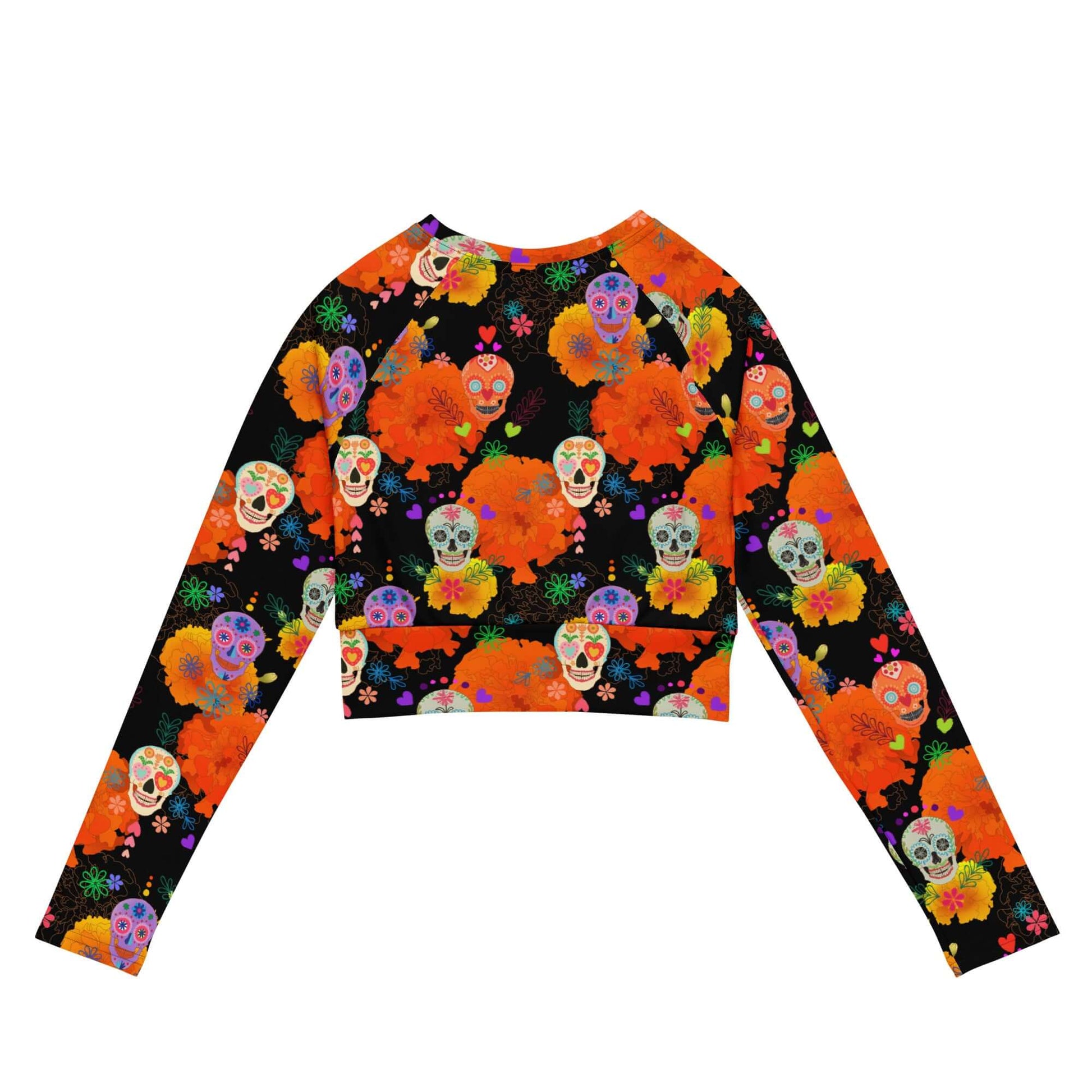 Bright and vibrant Sugar Skull Long-sleeved Crop Top, perfect for eco-friendly athleisure and sports wear.