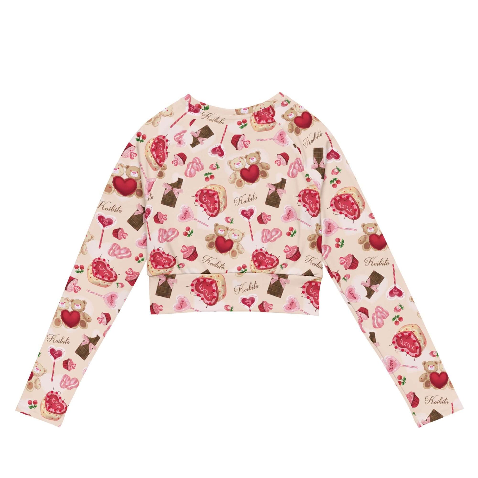 Style up with the Sugar Sweetheart Long-sleeved Crop Top, featuring a playful print and eco-friendly fabric.