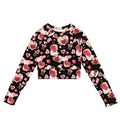 Sugar Sweetheart Long-sleeved Crop Top features a playful pattern, eco-friendly fabric, and a comfortable fit for athleisure.