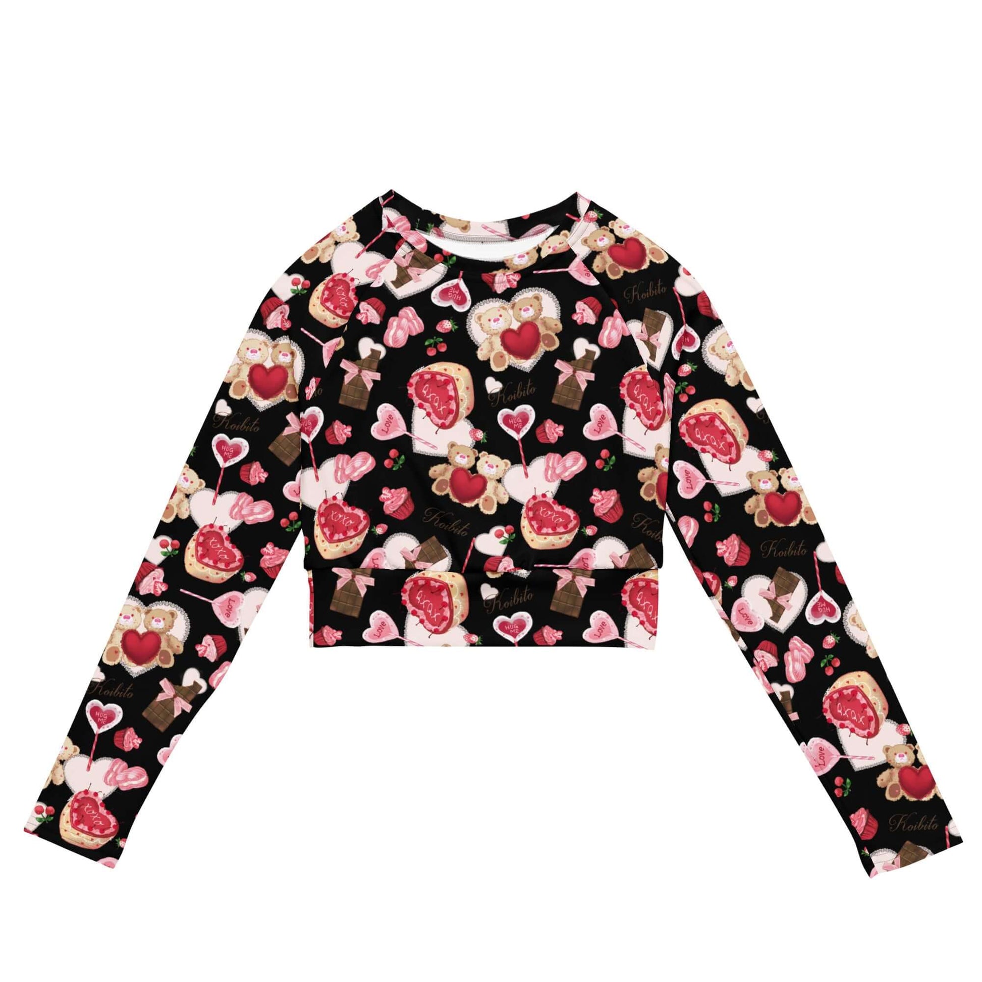 Sugar Sweetheart Long-sleeved Crop Top features a playful pattern, eco-friendly fabric, and a comfortable fit for athleisure.