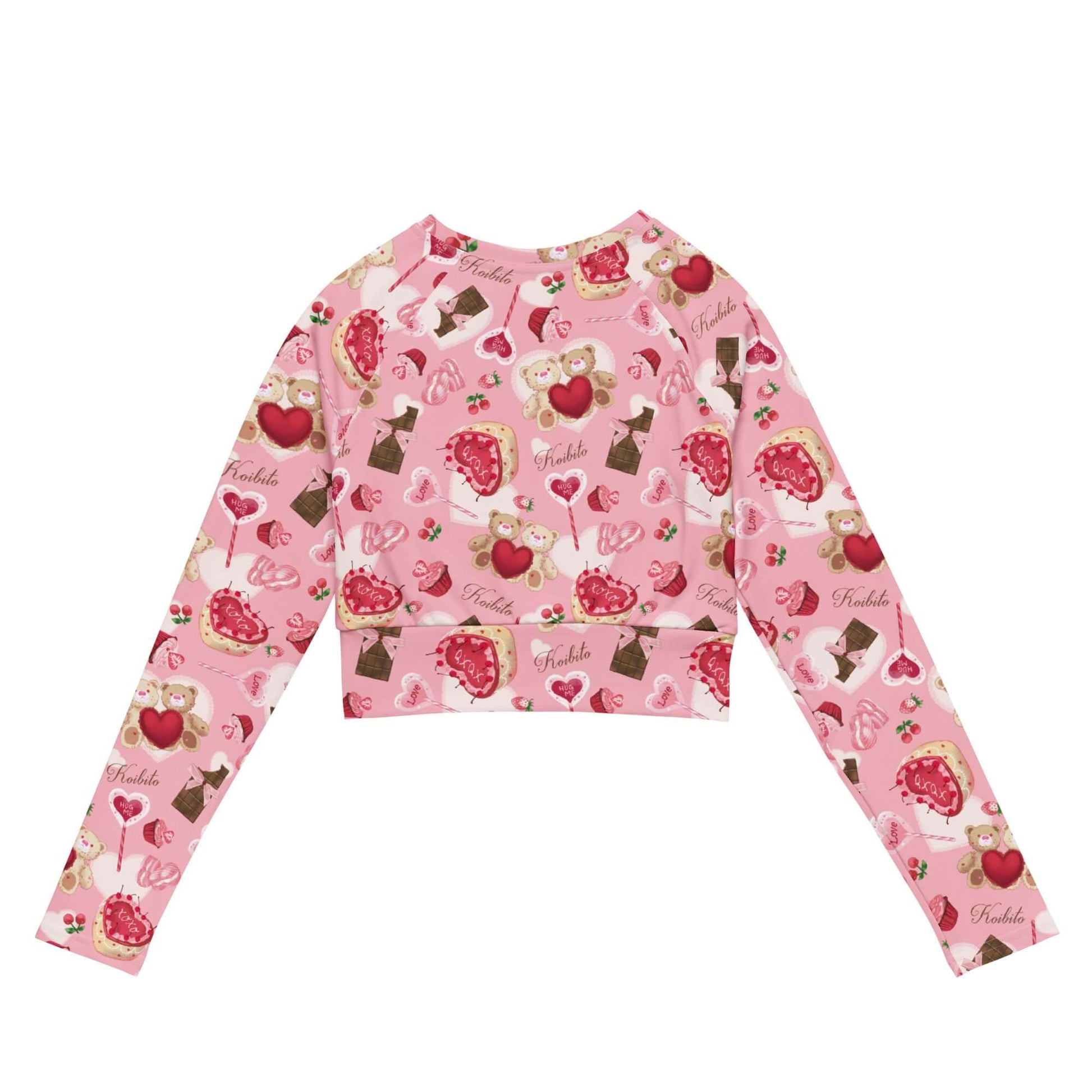 Sugar Sweetheart Long-sleeved Crop Top features a cute print, made from eco-friendly recycled materials for comfort.