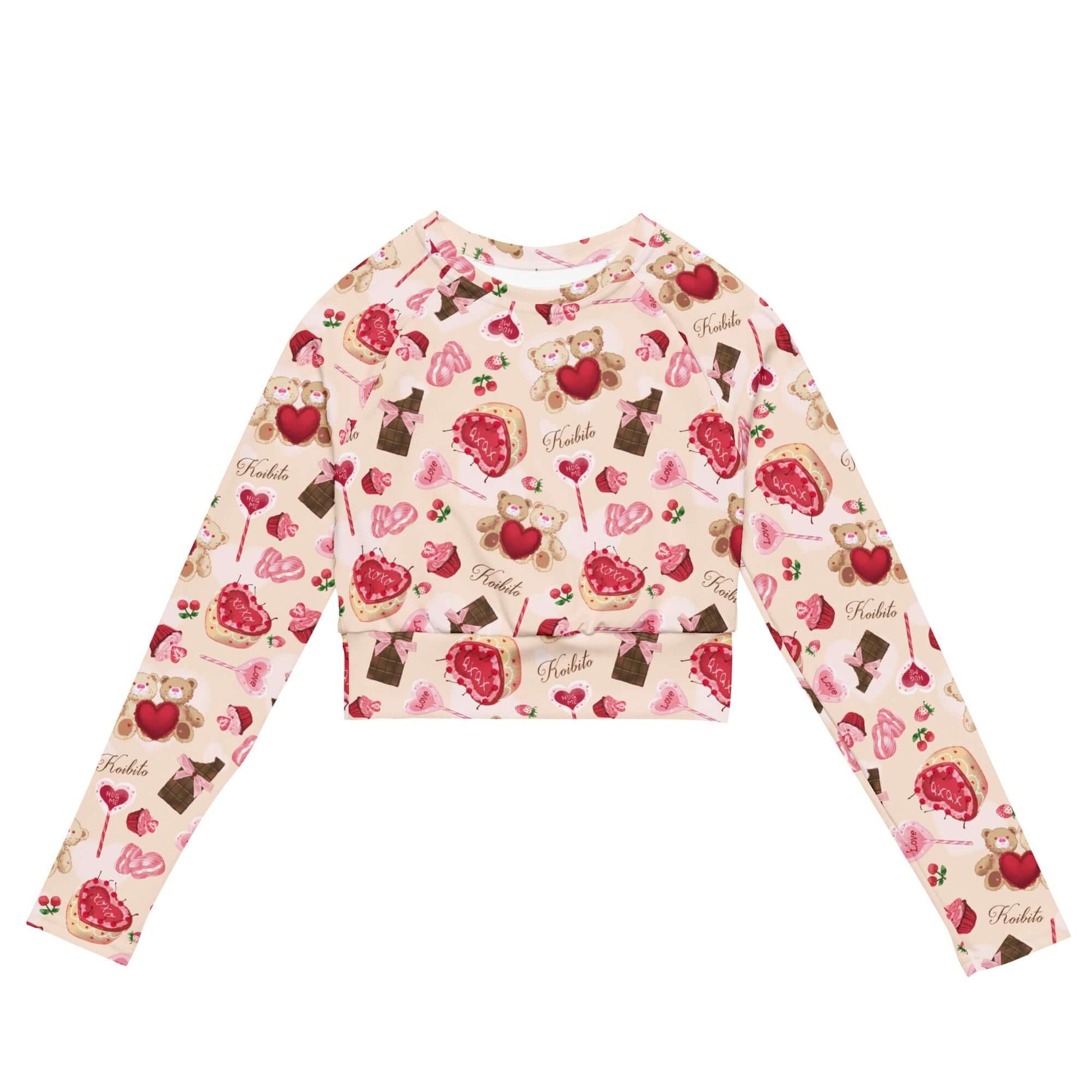 Sugar Sweetheart Long-sleeved Crop Top features a fun print, perfect for eco-friendly athleisure and comfortable styling.