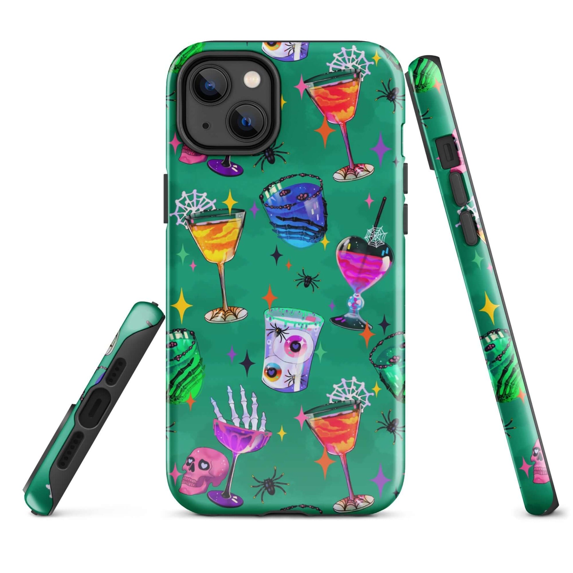 Colorful Monster Party iPhone® Tough Case featuring spooky drinks and fun designs, perfect for stylish phone protection.