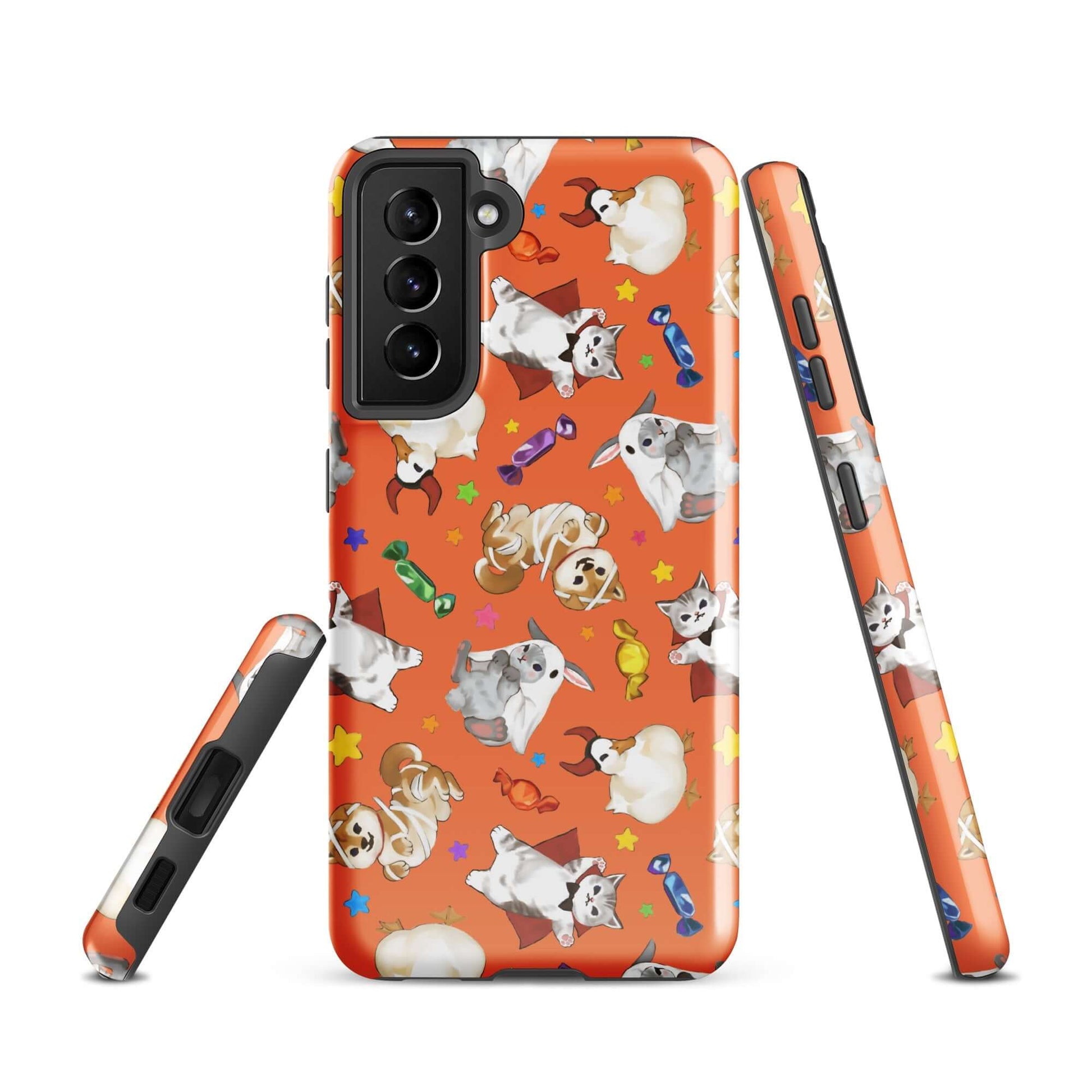 Trick or Treaters Samsung® Tough Case featuring playful pets on a vibrant orange background for stylish protection.