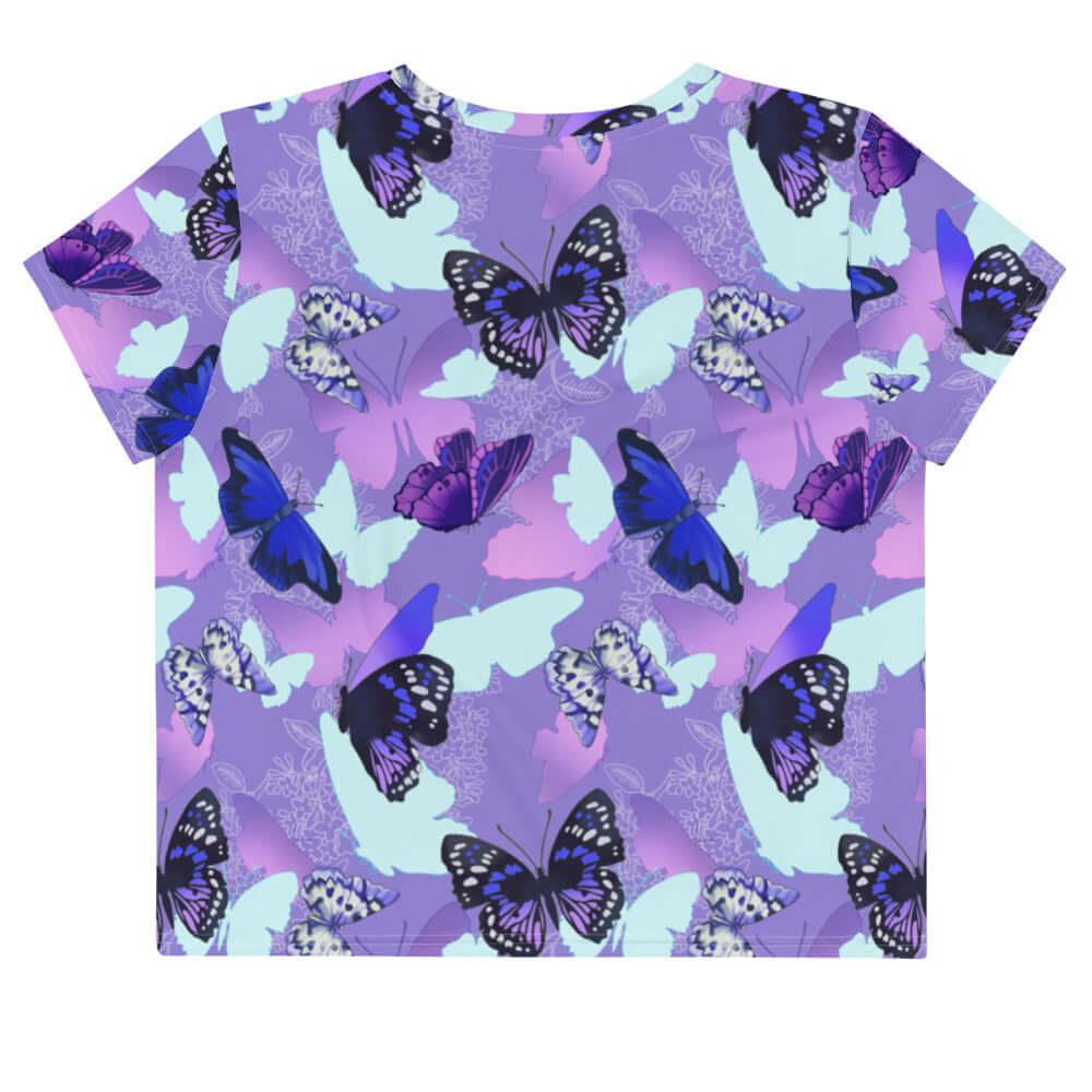 Vibrant Butterfly Crop Top featuring a colorful butterfly print, perfect for a cute, girly look.