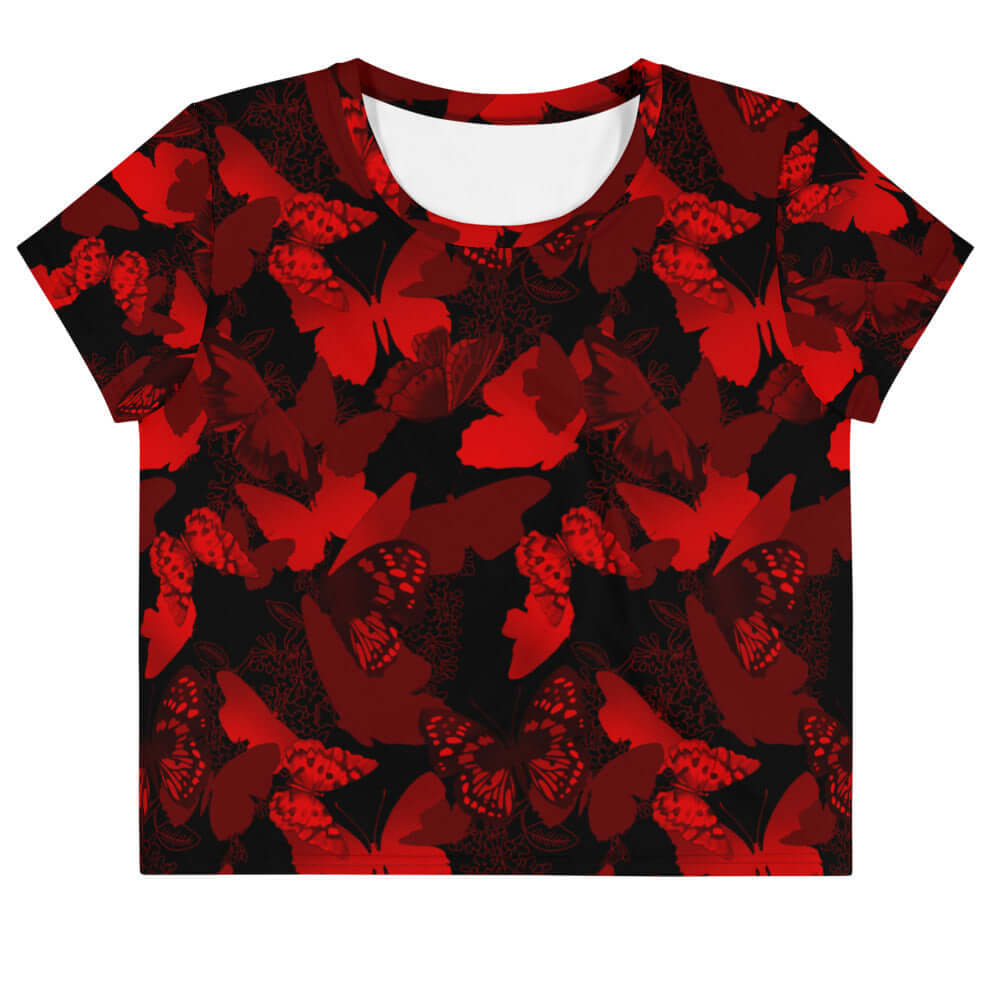 Vibrant Butterfly Crop Top featuring a striking red and black butterfly pattern, perfect for a stylish look.